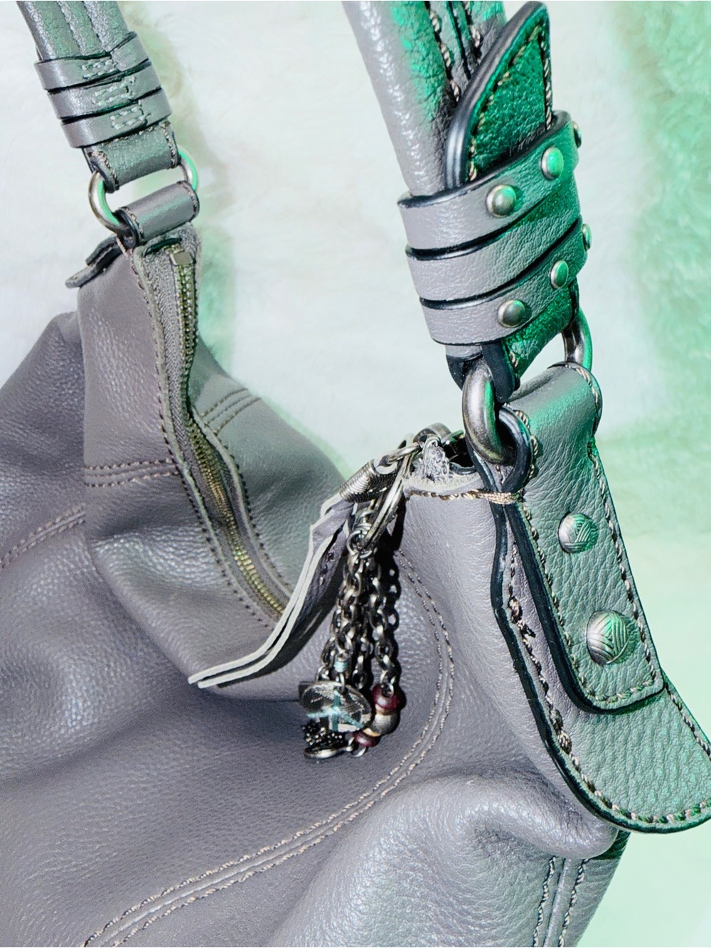 New The Sak Grey Shoulder Bag - Cute Chains with Charms Blue Interior 💝